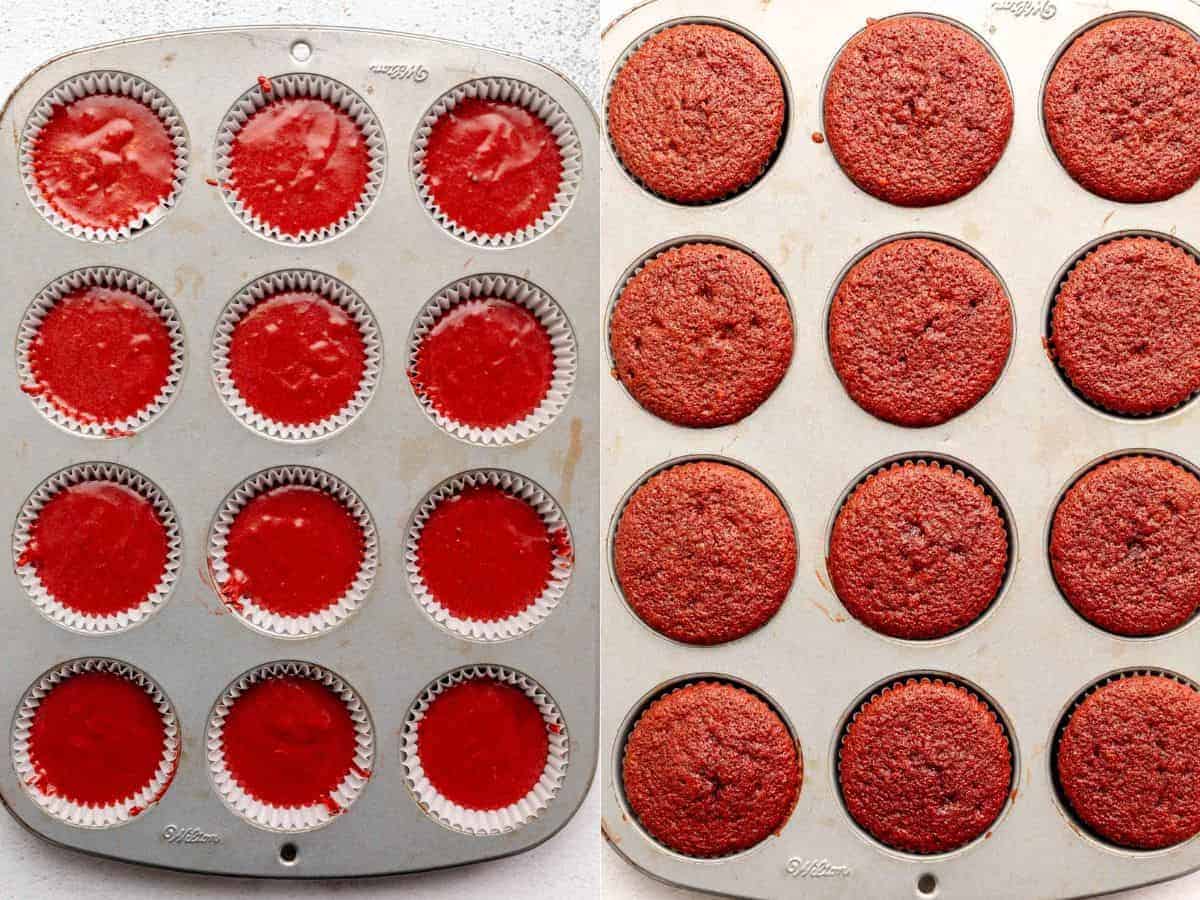 two images showing the cupcakes before and after baking