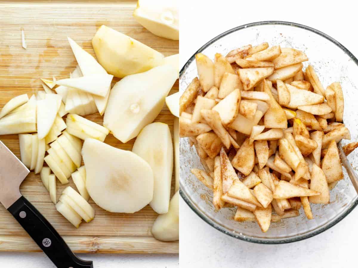 two images showing how to slice and mix the fruit