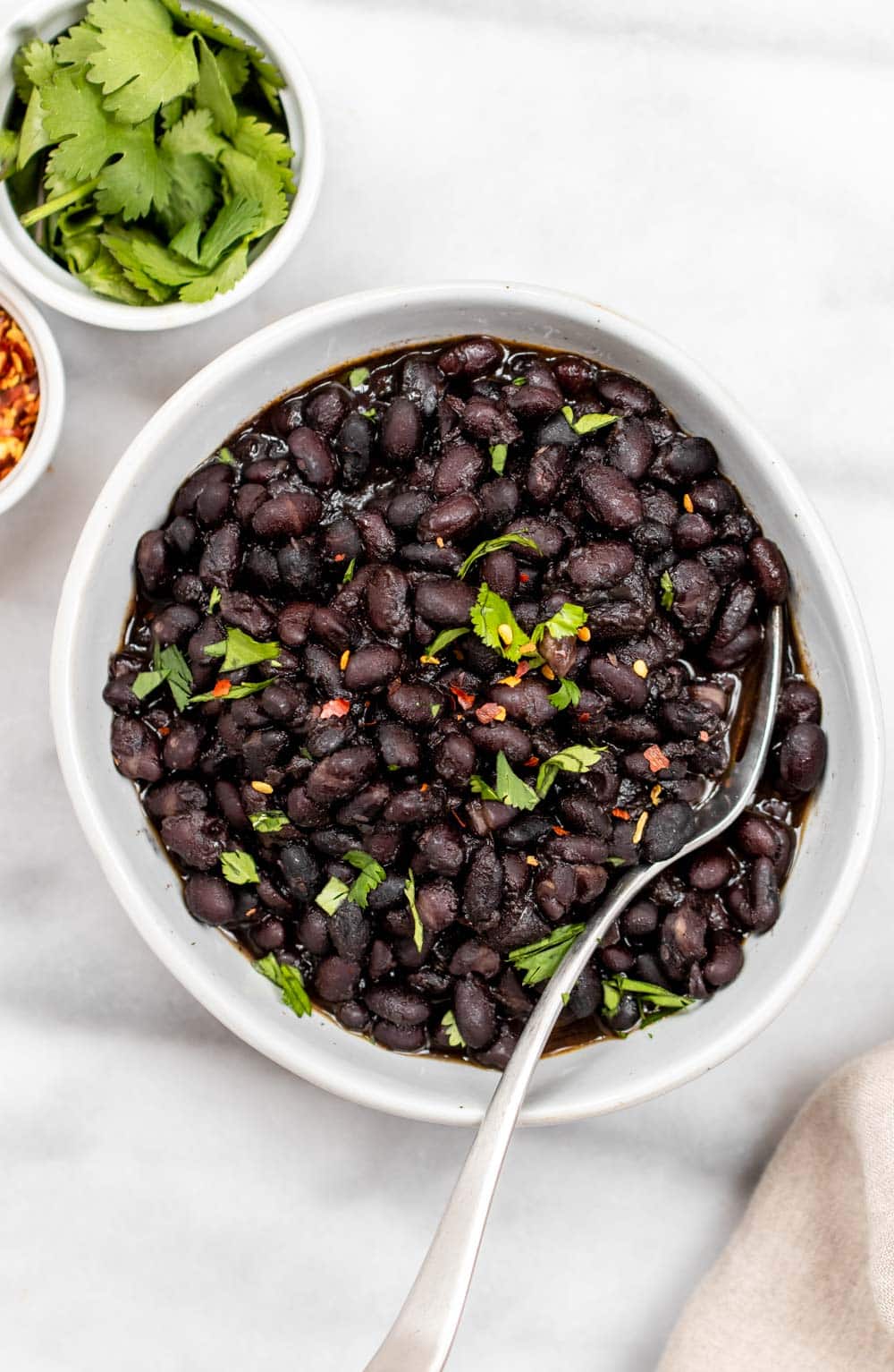 Black beans with cilantro and red pepper flakes on top.