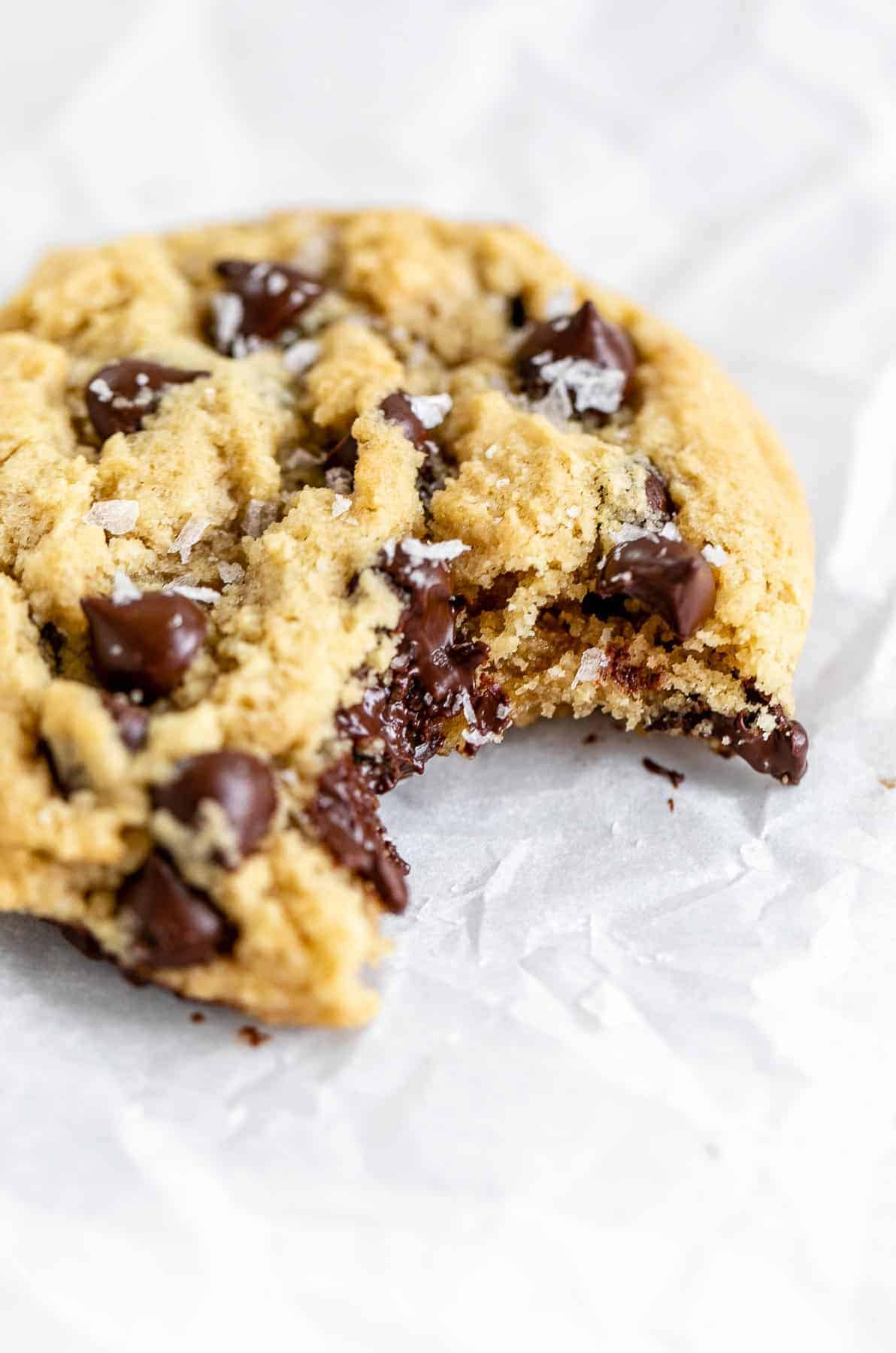 Up close image of the cookie with melted chocolate.