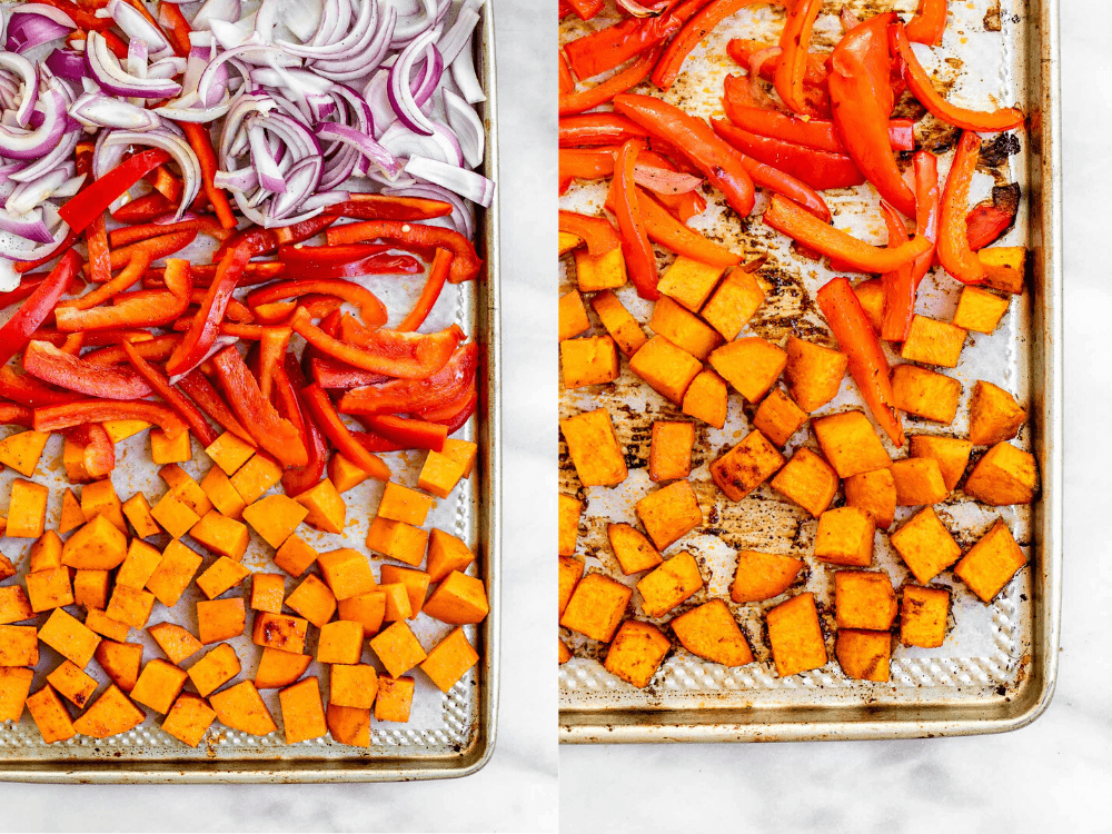 Two images showing the veggies before and after going in the oven.