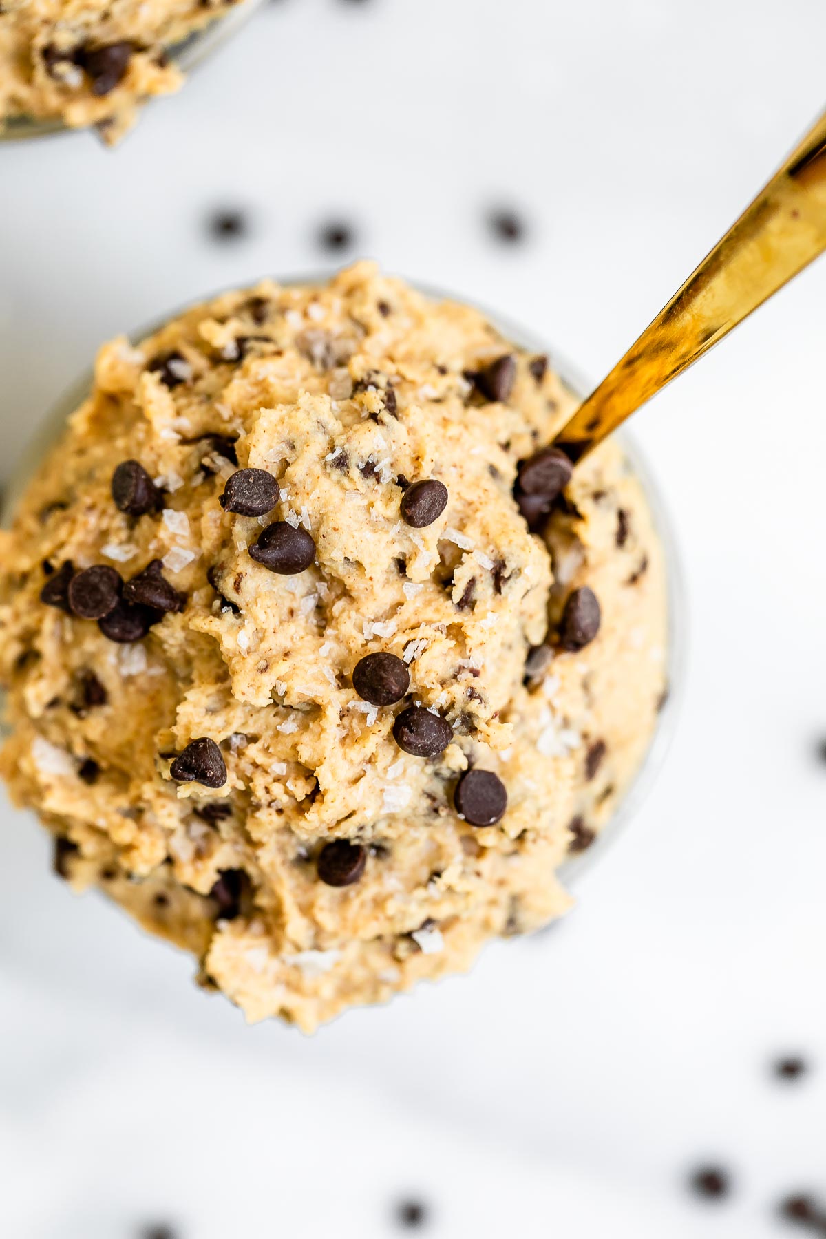 Up close and overhead shot of the vegan cookie dough with sea salt on top.