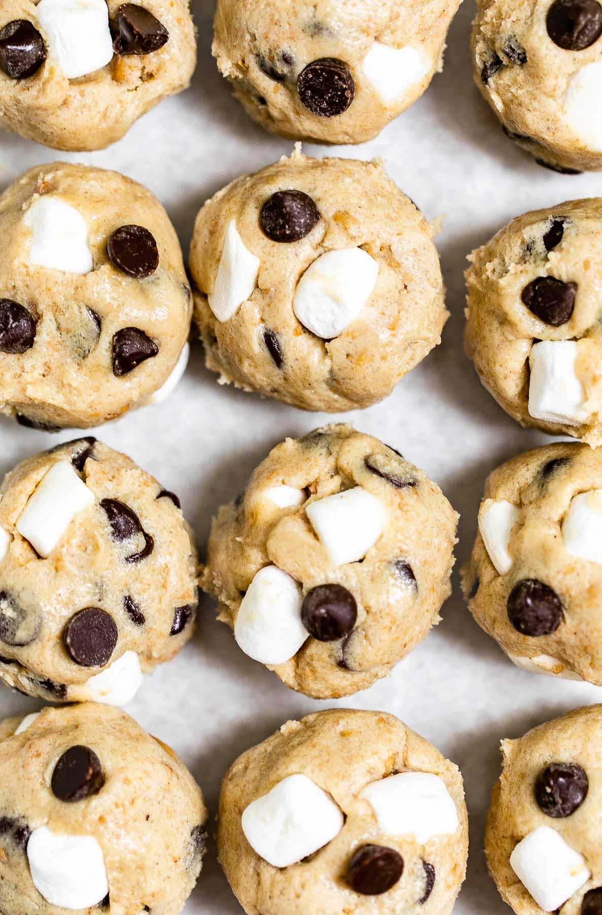 Marshmallow chocolate chip cookie dough rolled into balls.