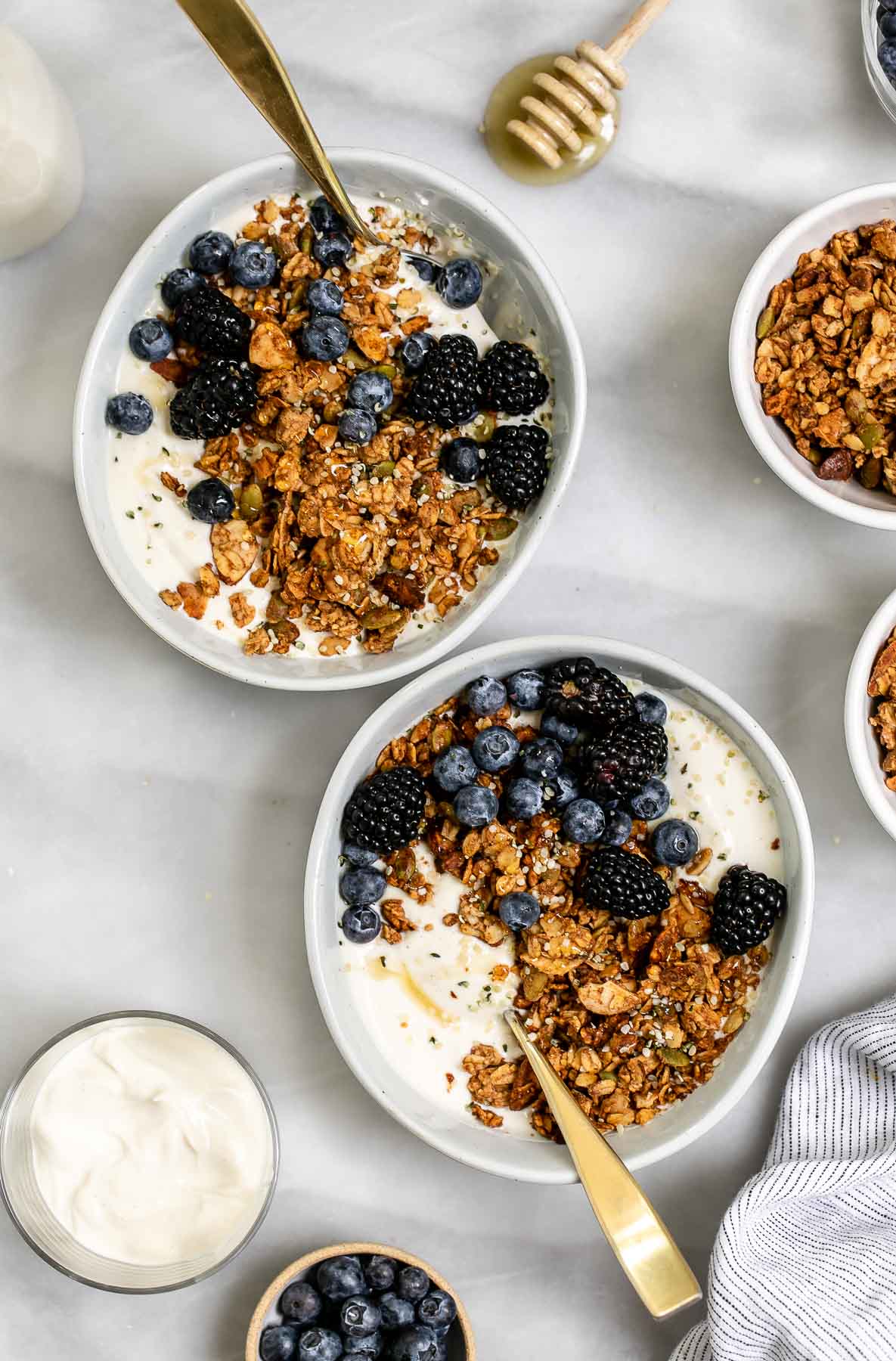 Two bowls with vegan granola and yogurt with blueberries on top.