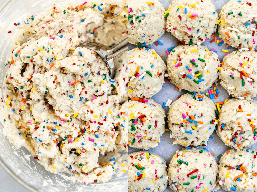 Vegan sugar cookie dough in a bowl and another image as cookie balls.