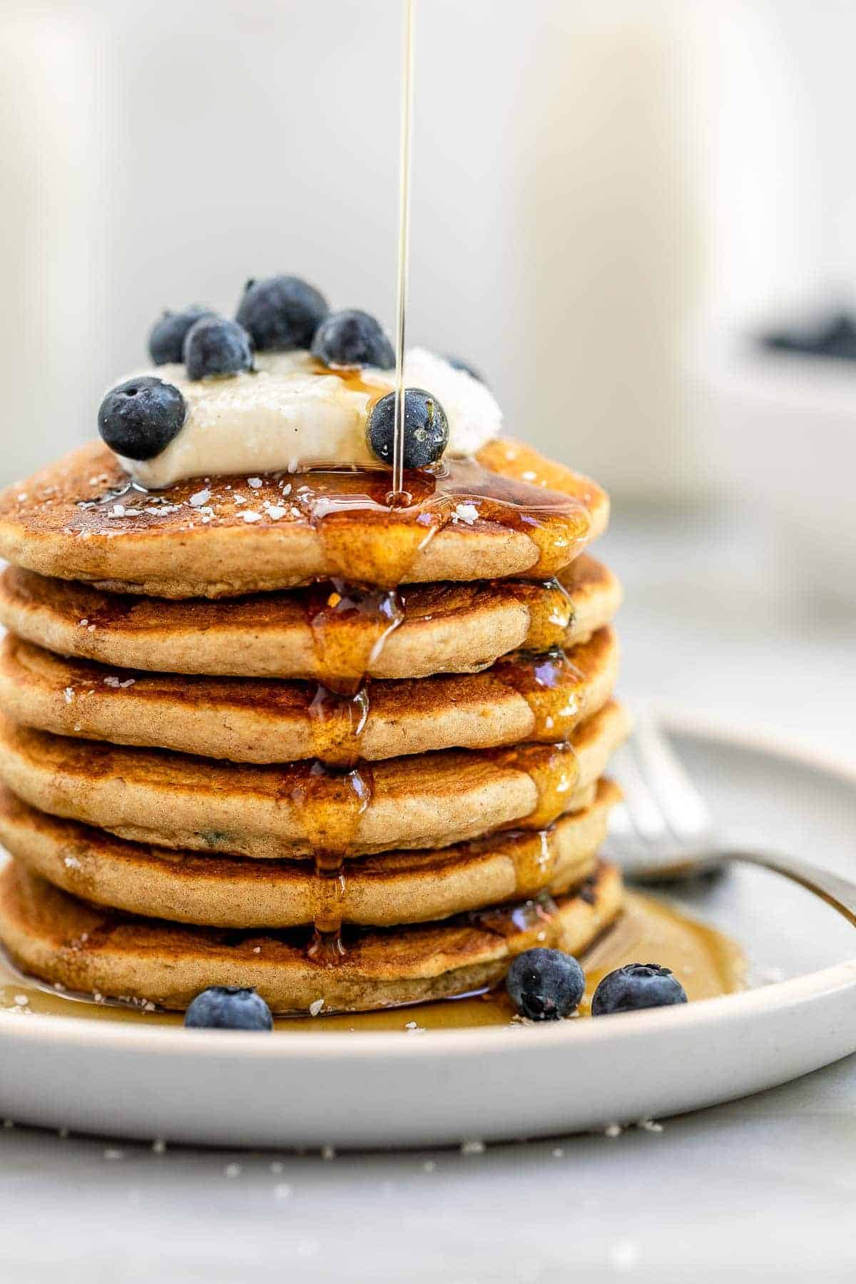 Up close image of the vegan and gluten free blueberry pancakes.