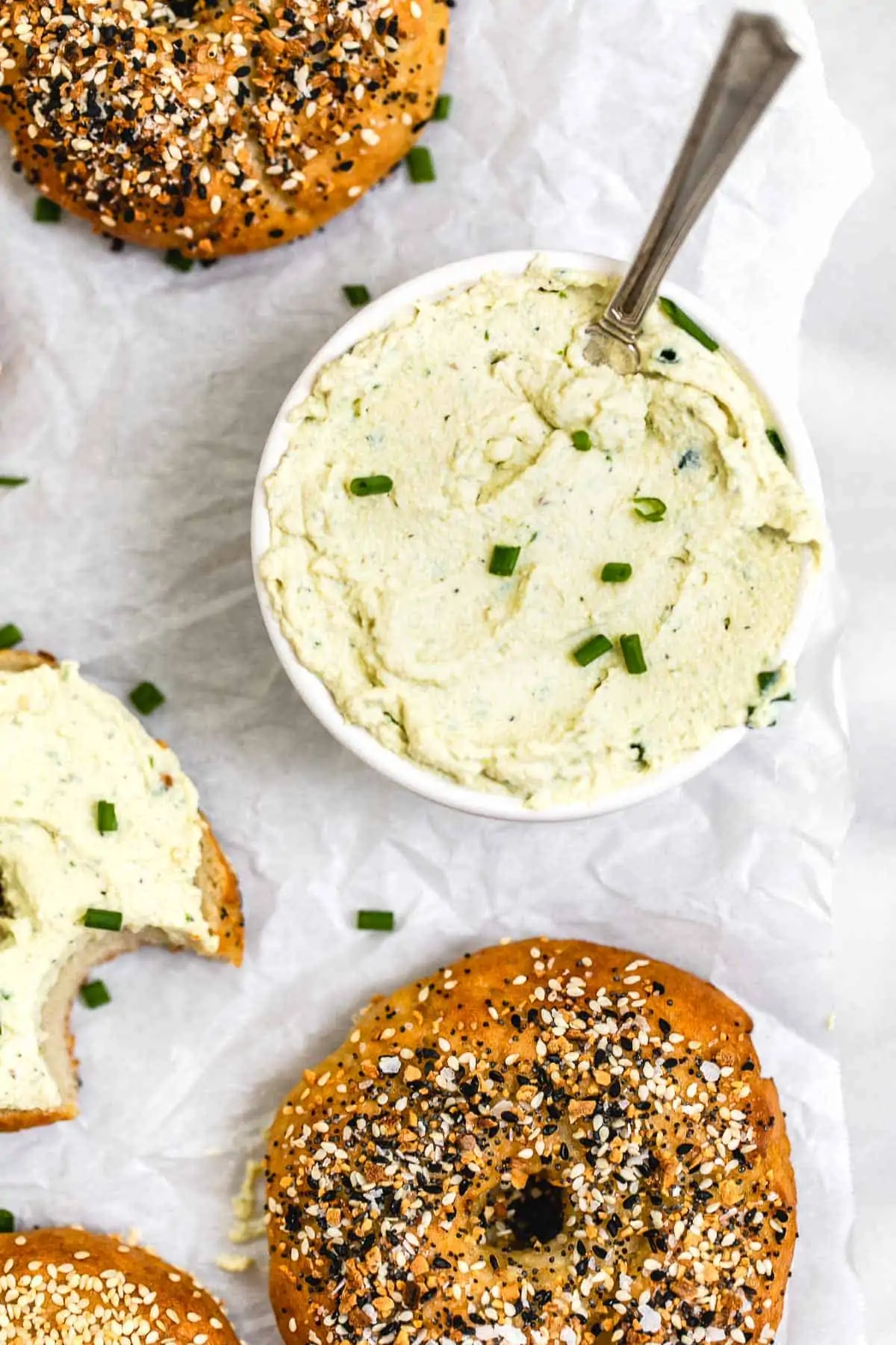 Overhead image of the cream cheese with chives.