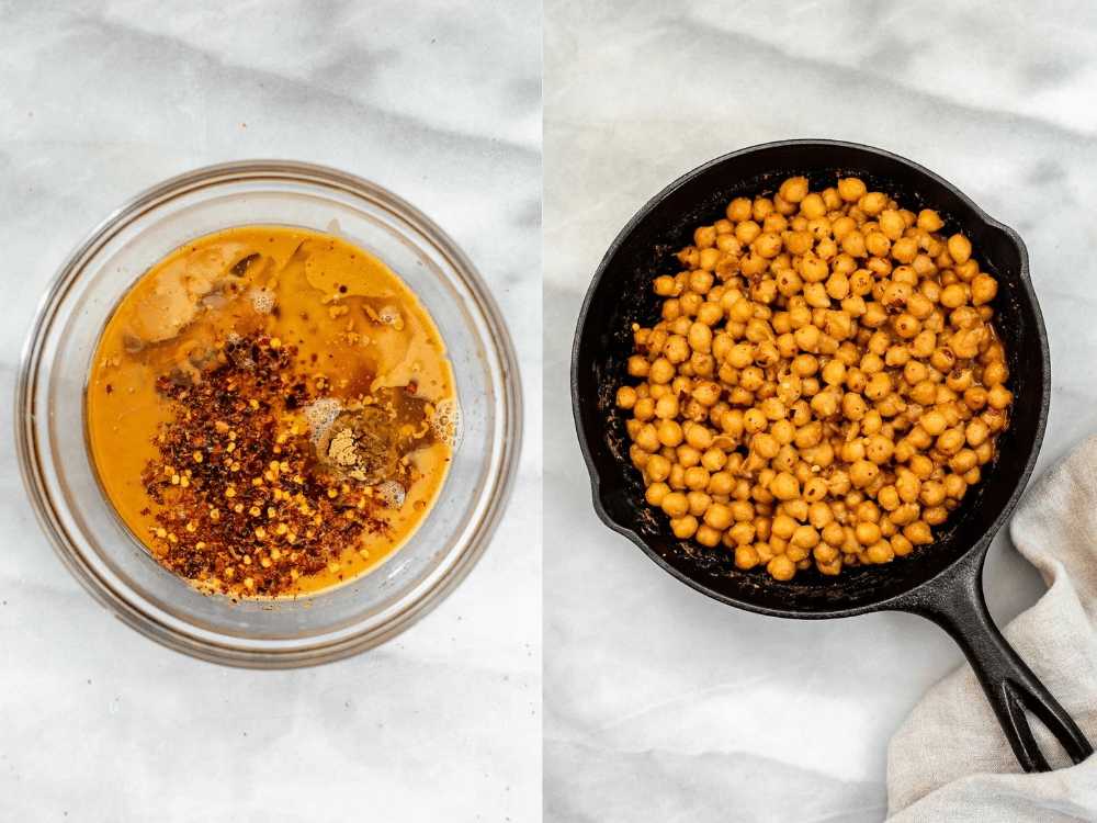 Showing how to make the chickpeas and peanut sauce.