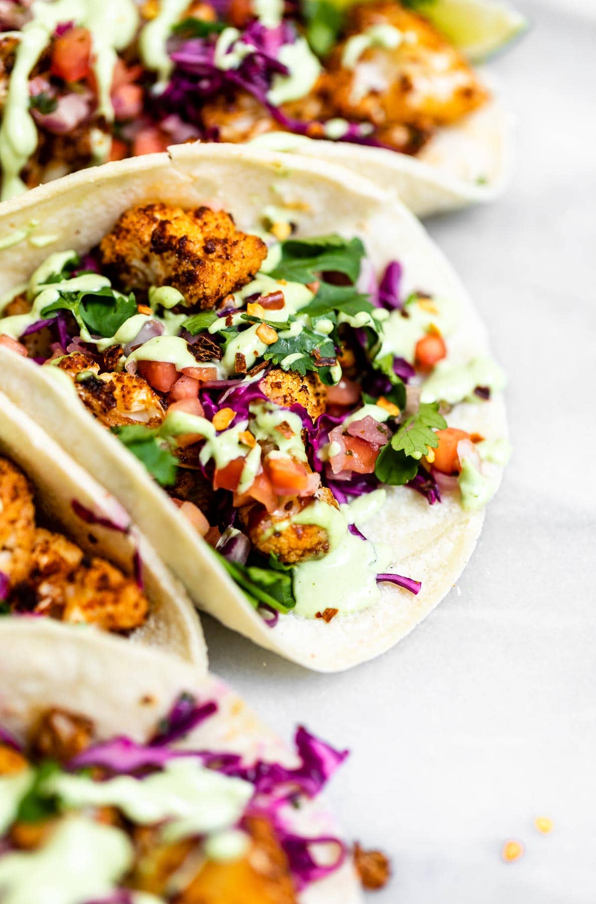 Up close image of the cauliflower tacos to show texture.