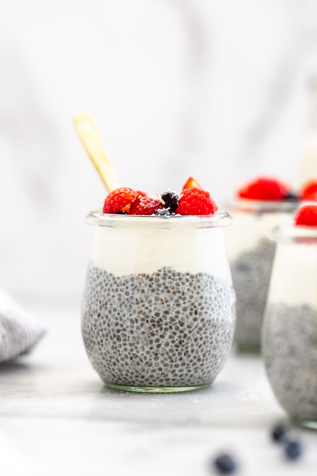 Up close image of the final chia pudding with berries.