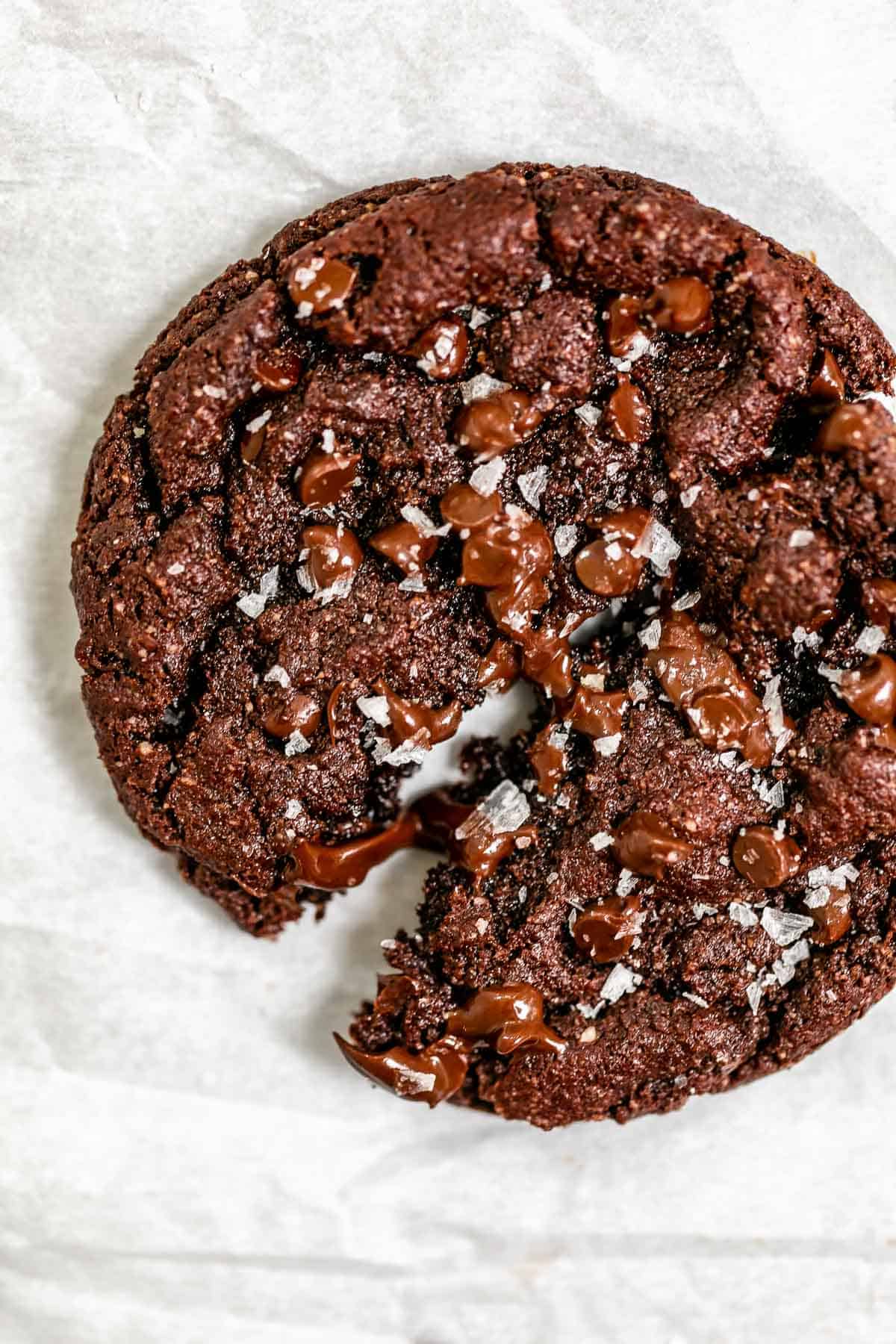 double chocolate chip cookies with melted chocolate and sea salt