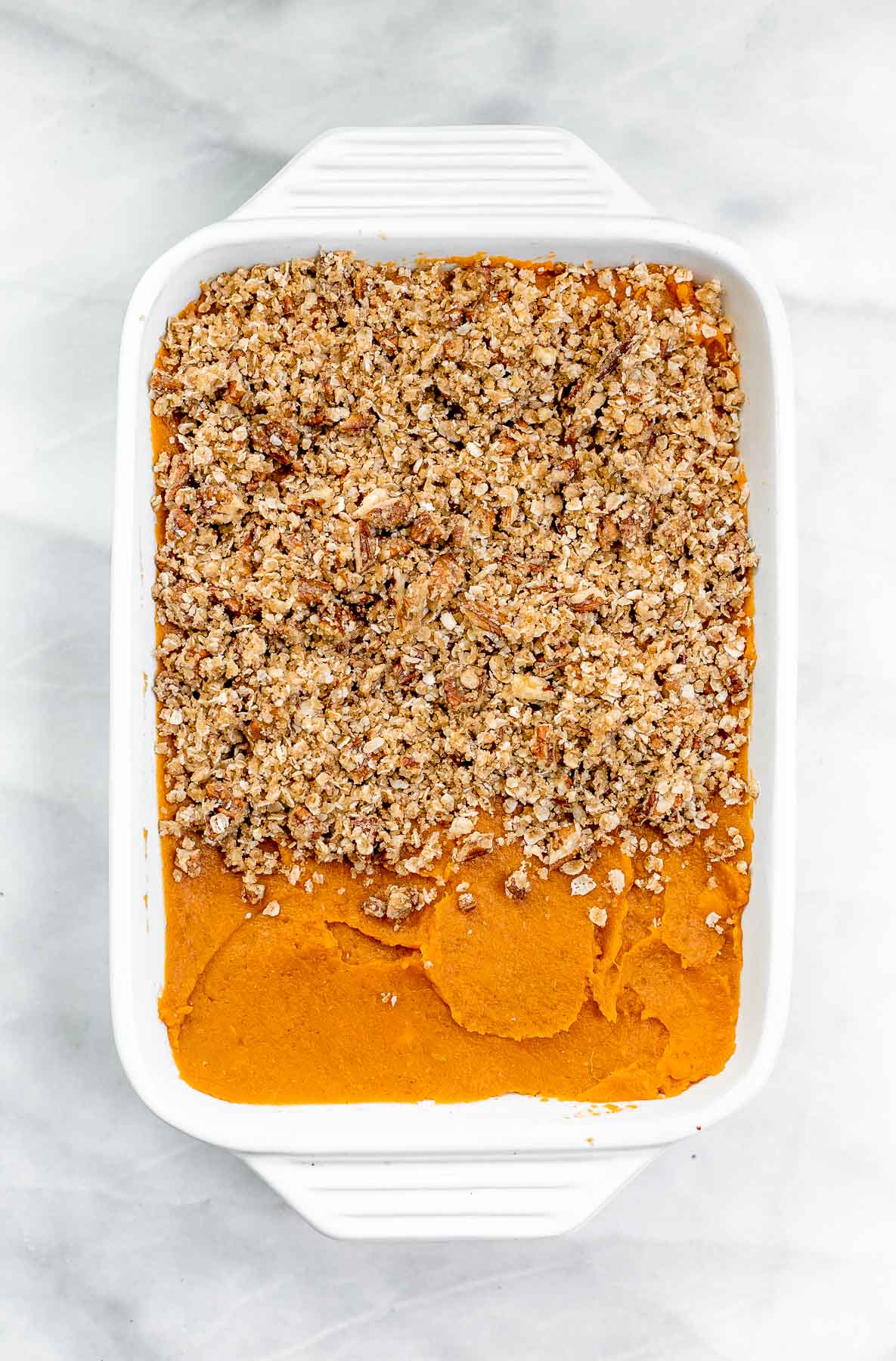 Sweet potato casserole with oat crumble on top.