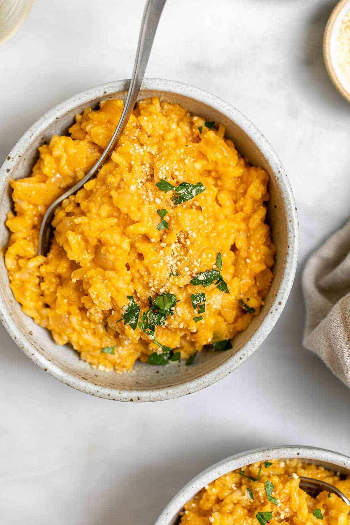 Vegan Butternut squash risotto with cashew parmesan on top.