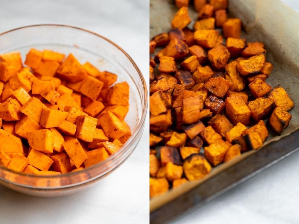 Before and after roasting the sweet potatoes.