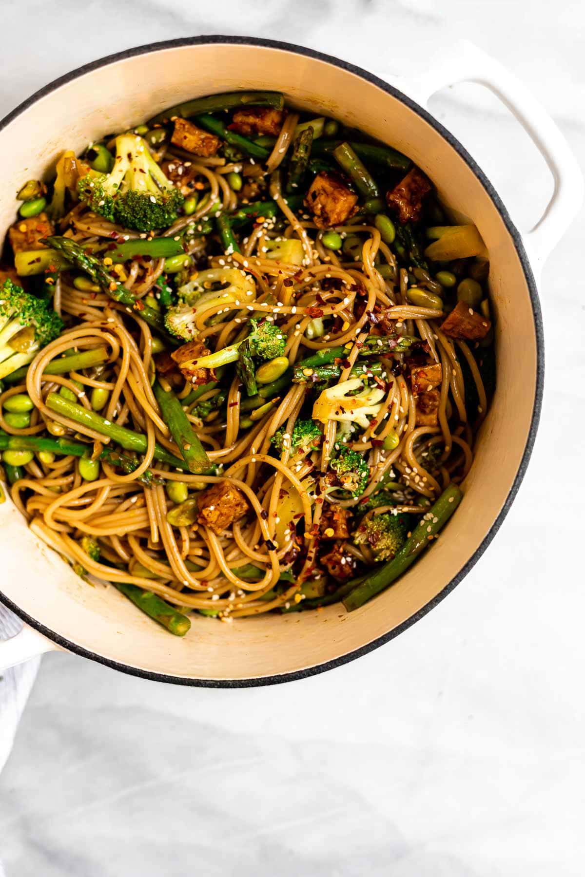 Final recipe in a pot with noodles, broccoli and tofu.