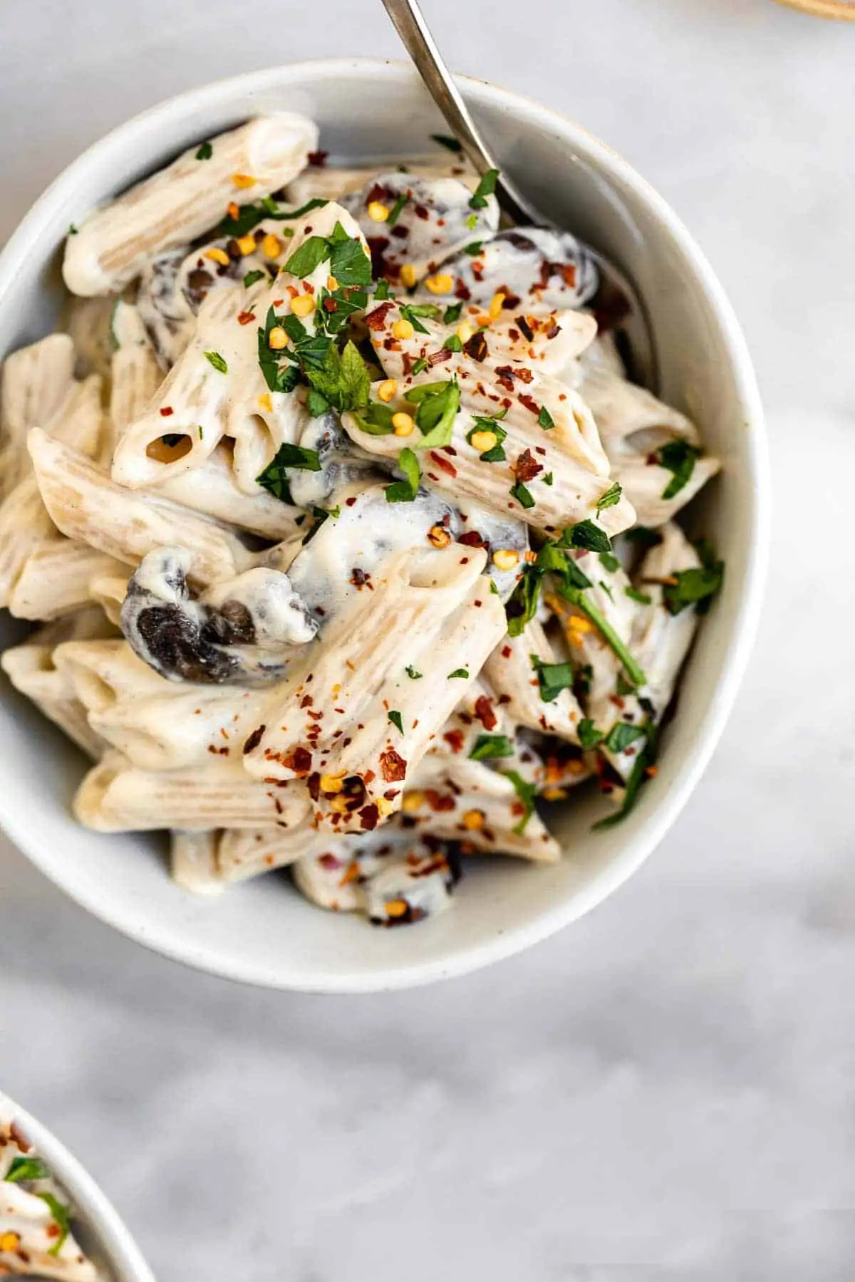 Cashew cream sauce with mushrooms and penne.