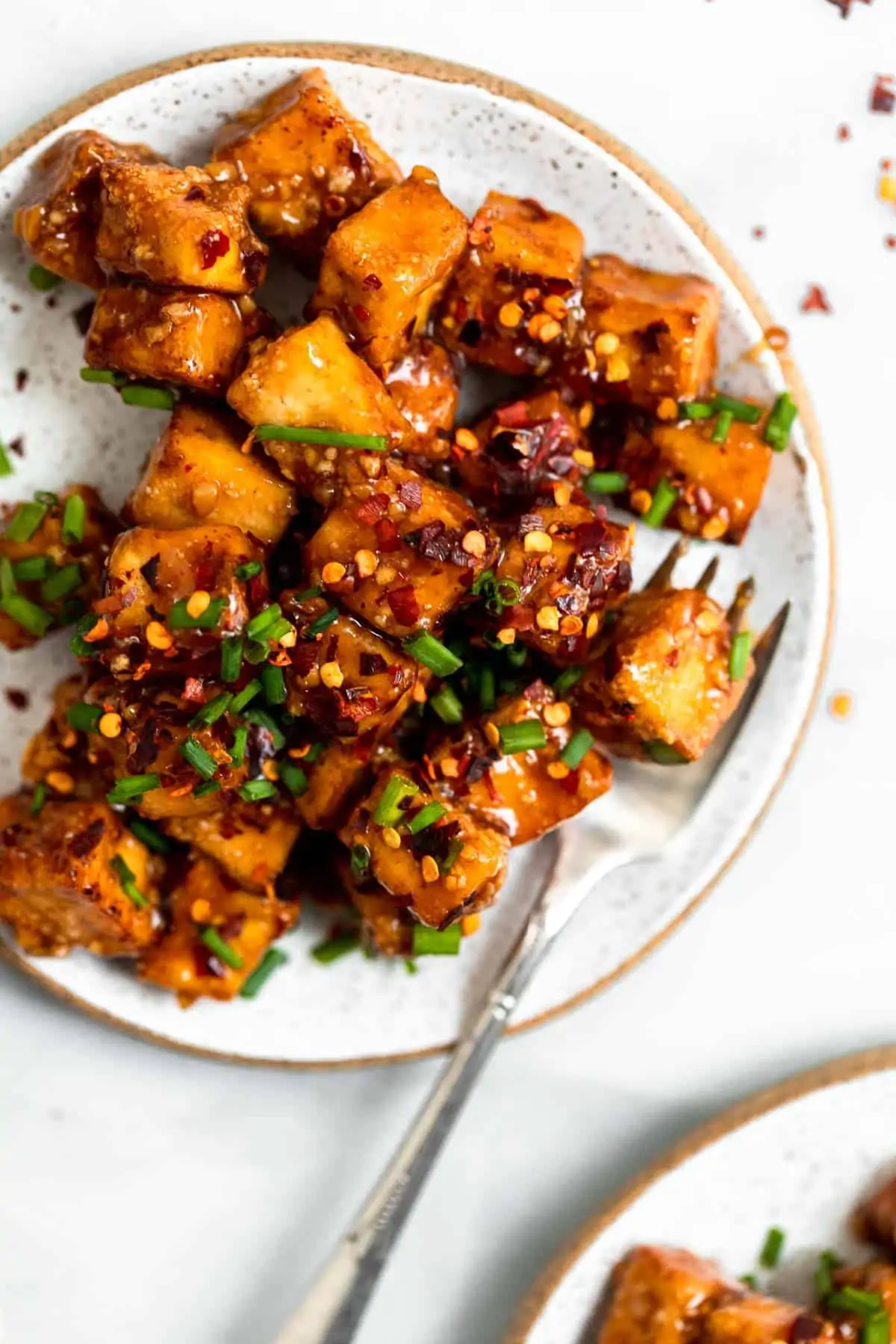 air fried tofu with garlic sauce on a plate