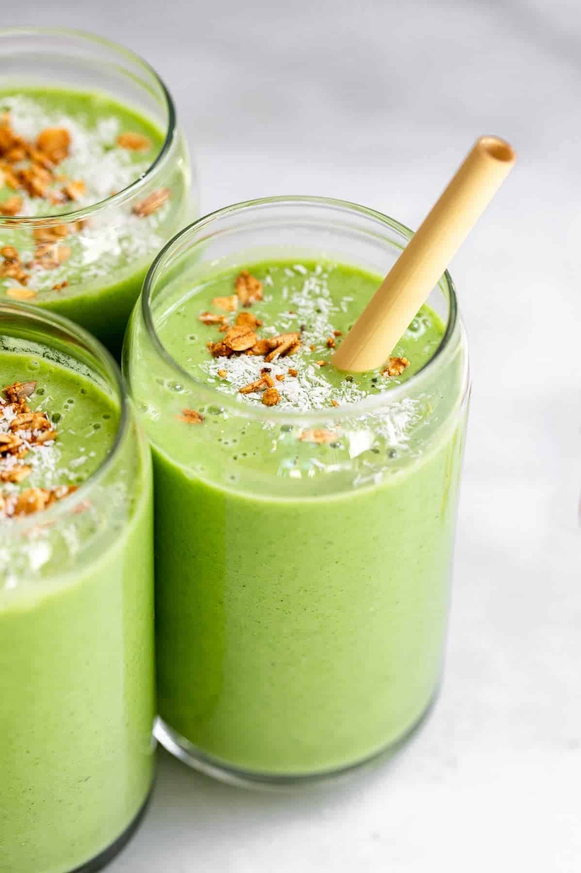 broccoli veggie smoothie with coconut flakes on top