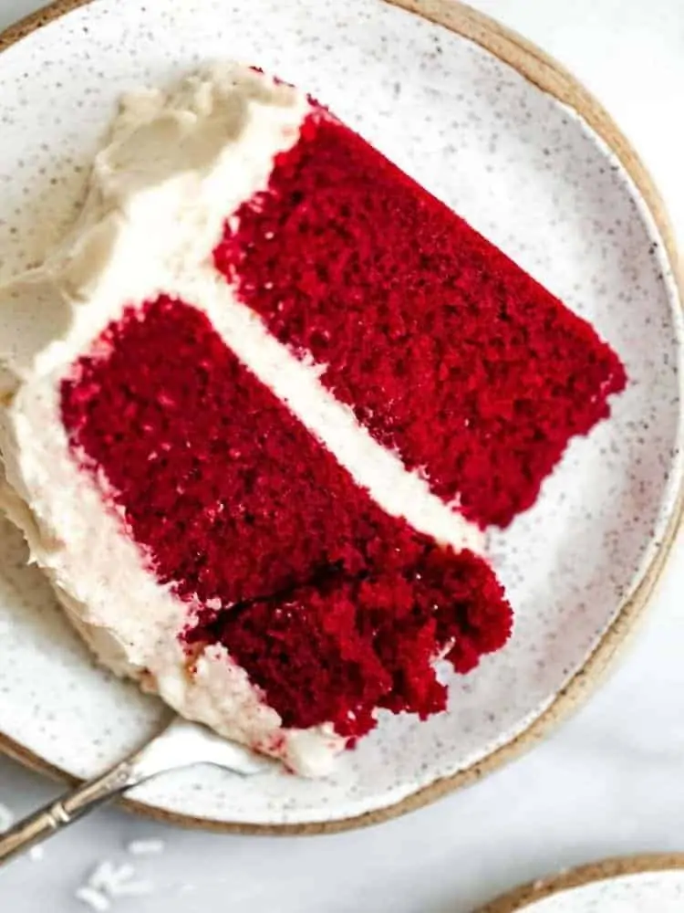 slice of red velvet cake with a fork