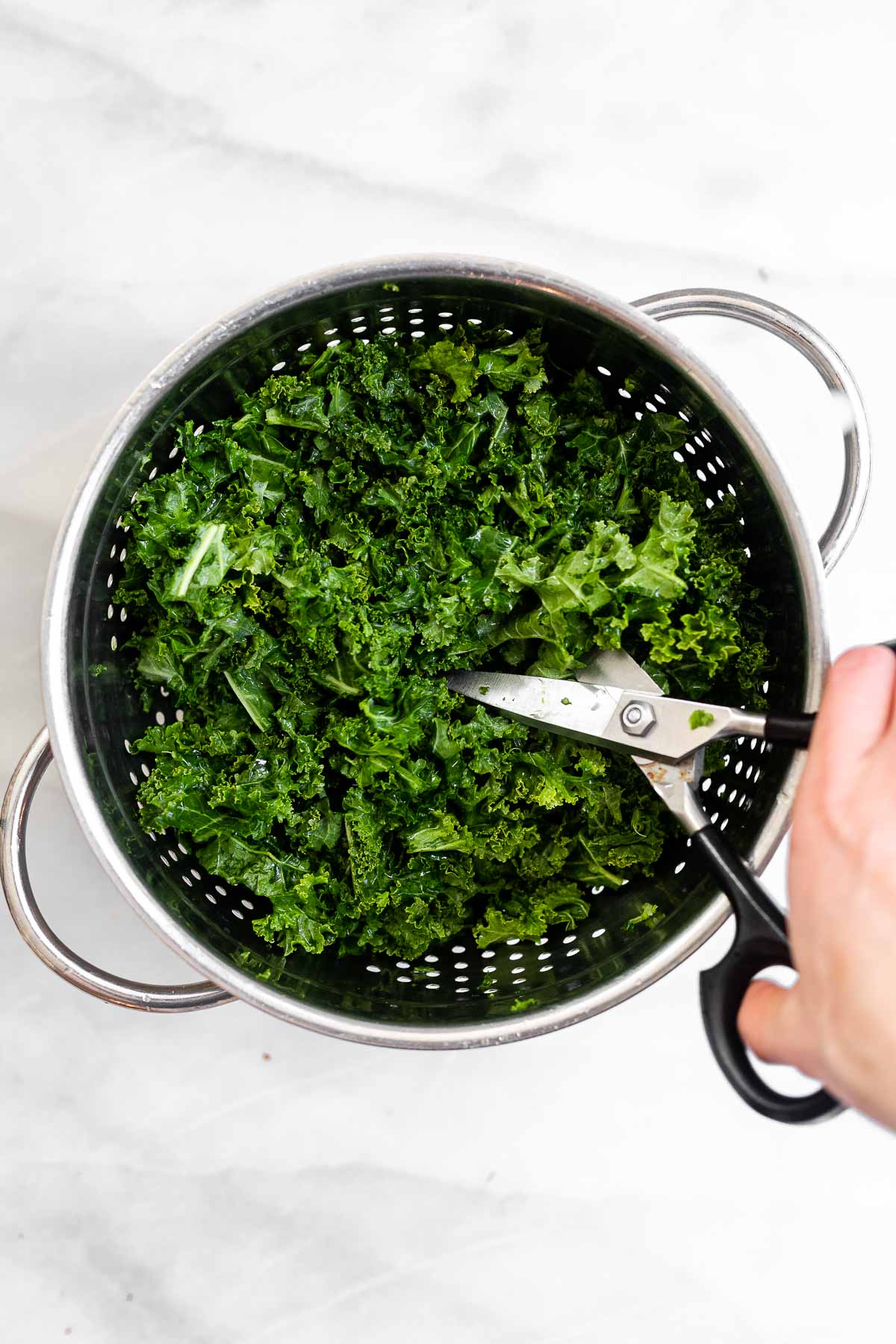 Kale in a colander with scissors. 