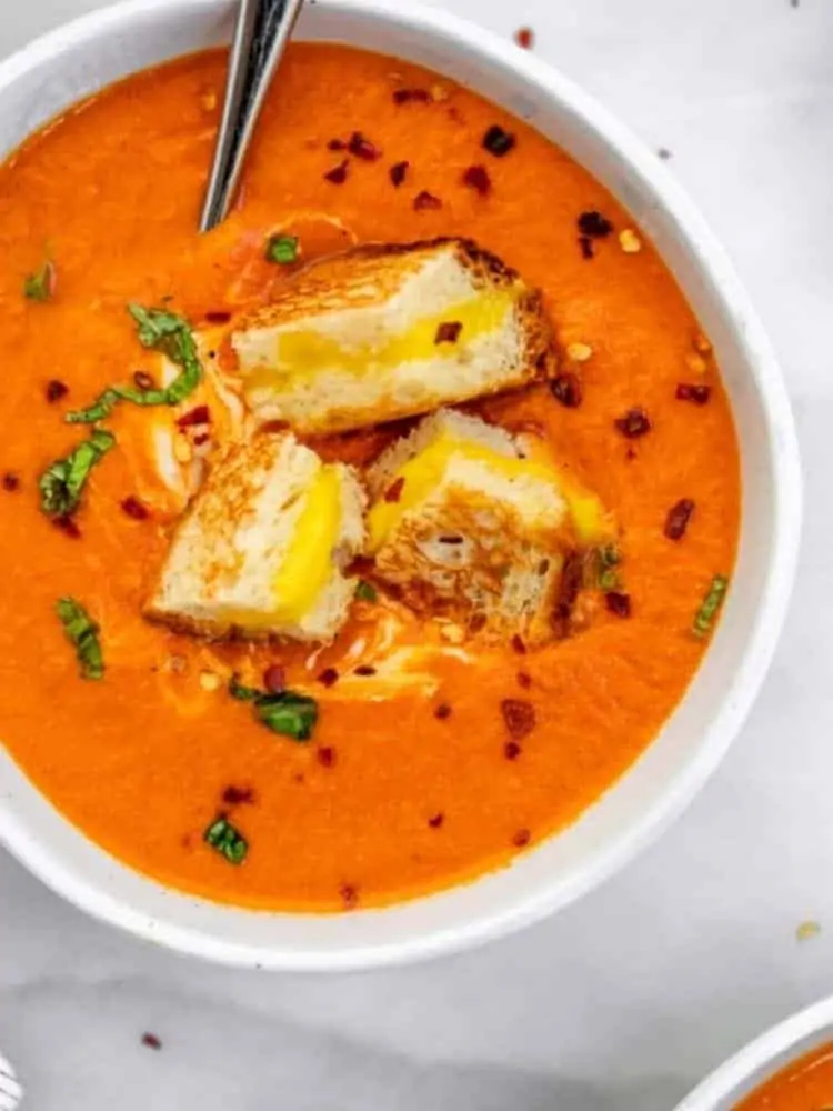 vegan tomato soup with grilled cheese croutons