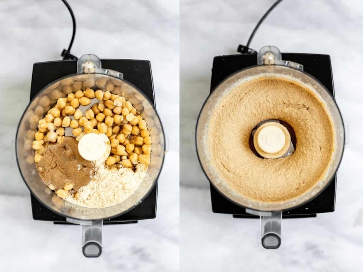 Two images of the food processor with chickpeas showing how to make the cookie dough.