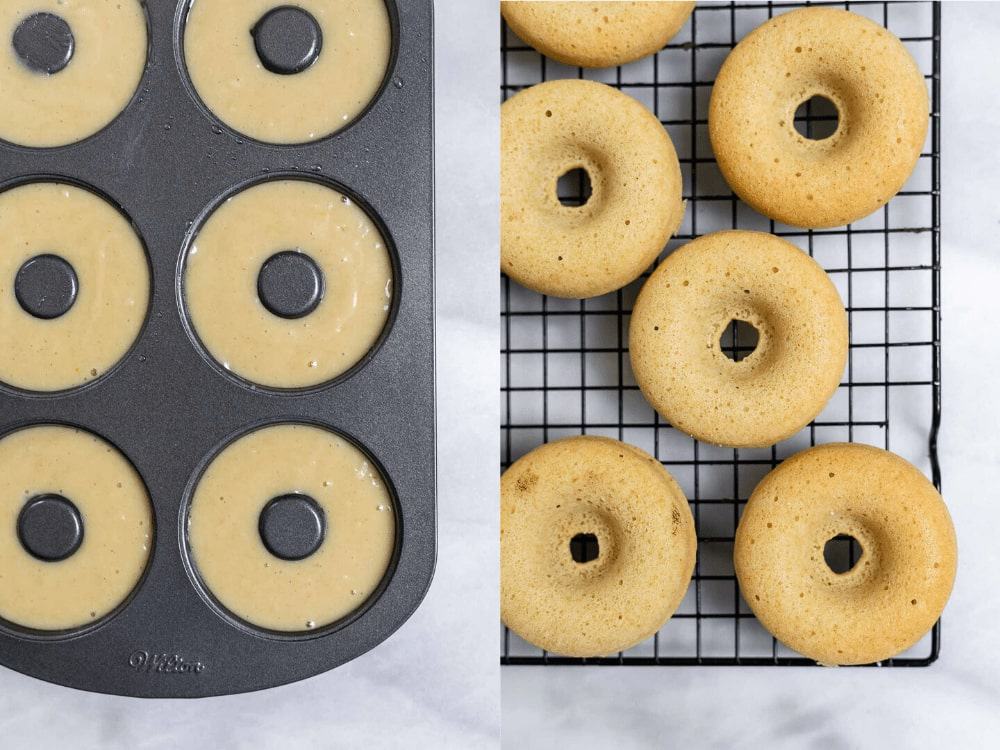 Two images showing before and after baking the donuts.