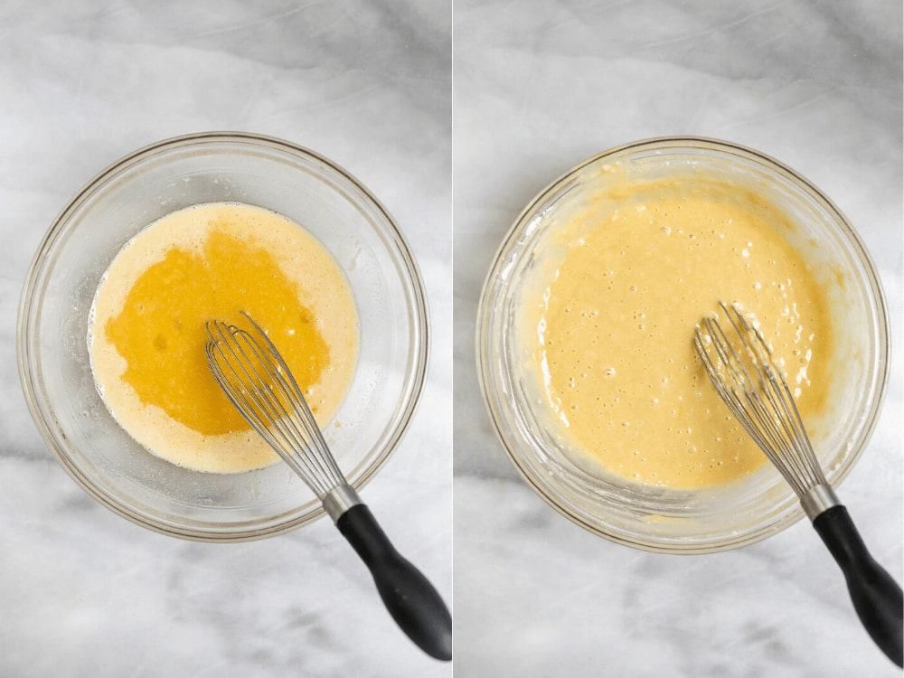 whisking together the donut batter in glass bowls