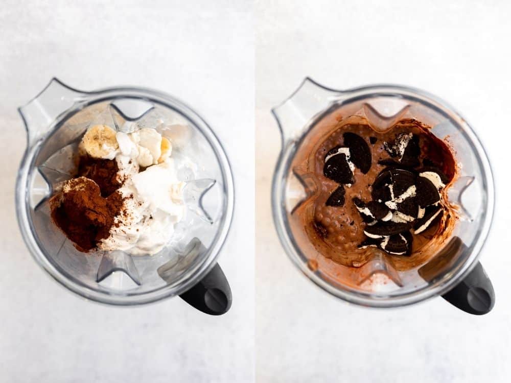 two images showing the process of making the recipe in a blender.