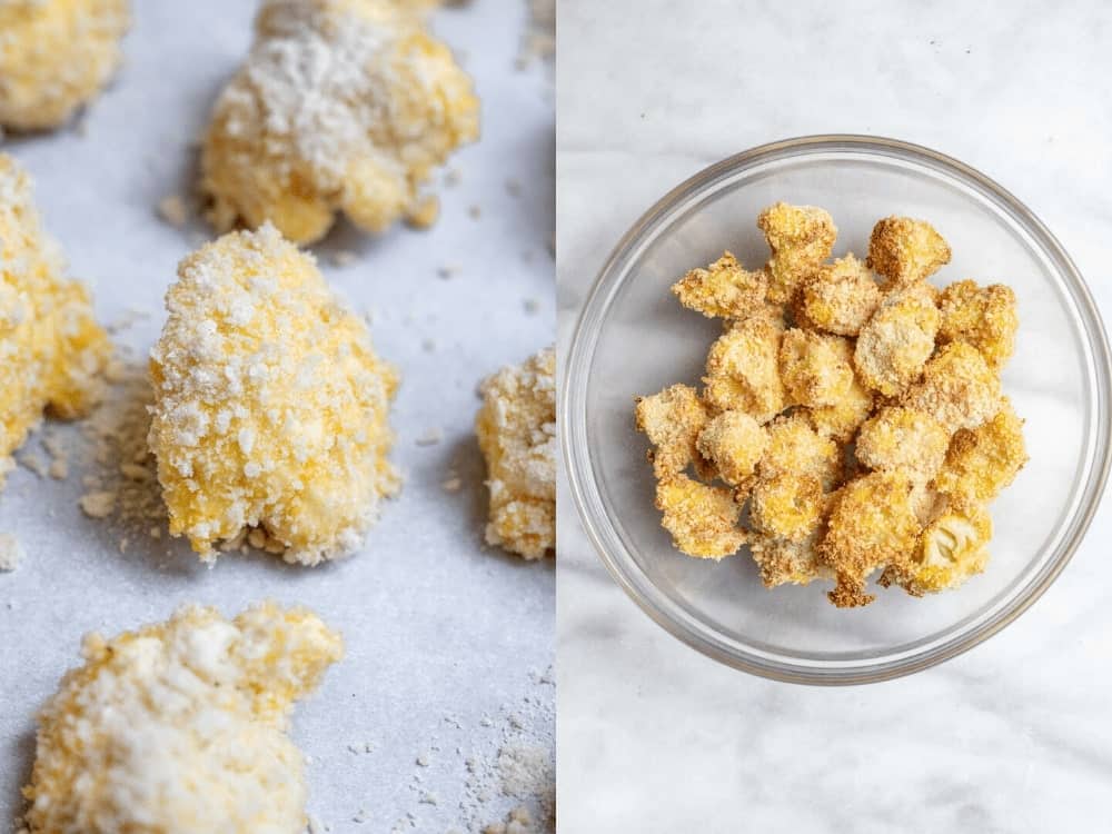 Two images showing the cauliflower before and after getting baked.