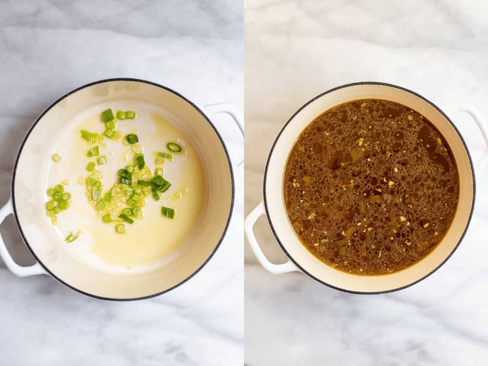 Two images showing how to make the ramen broth recipe from scratch.