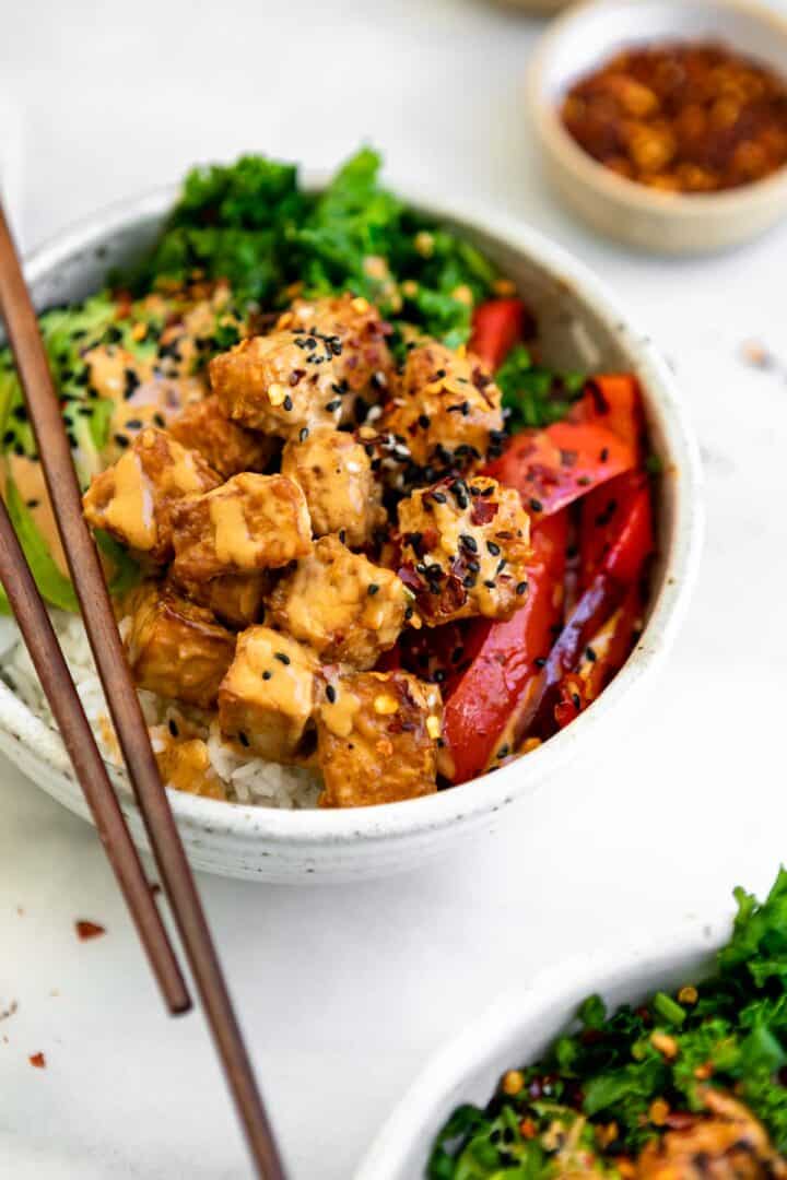 Easy and Crispy Baked Peanut Tofu Bowls - Eat With Clarity