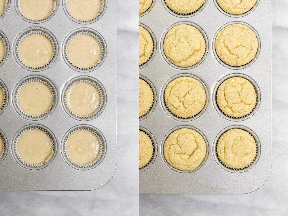 Two photos showing the cupcakes before and after baking.
