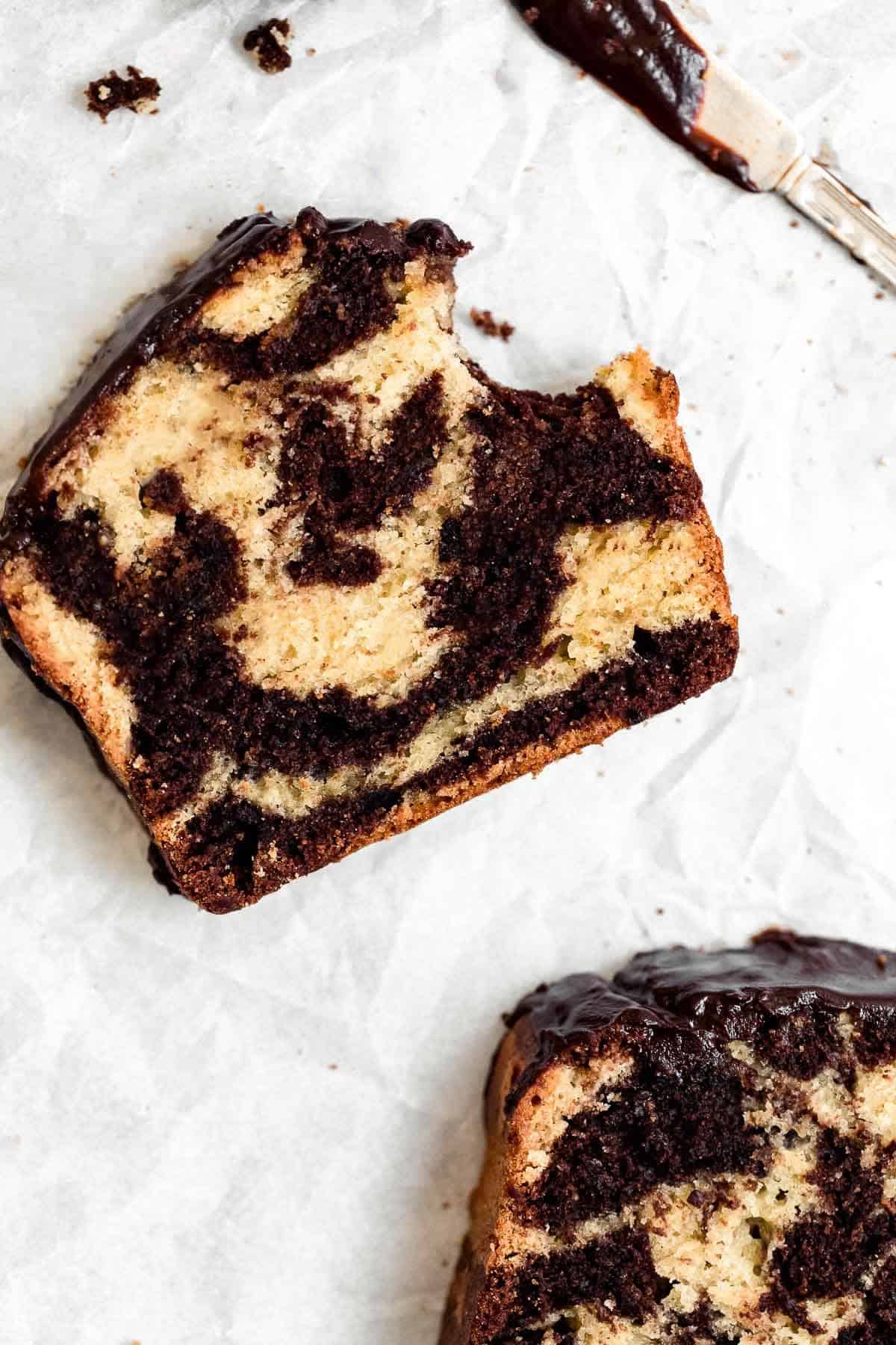 gluten free marble pound cake with a bite taken out