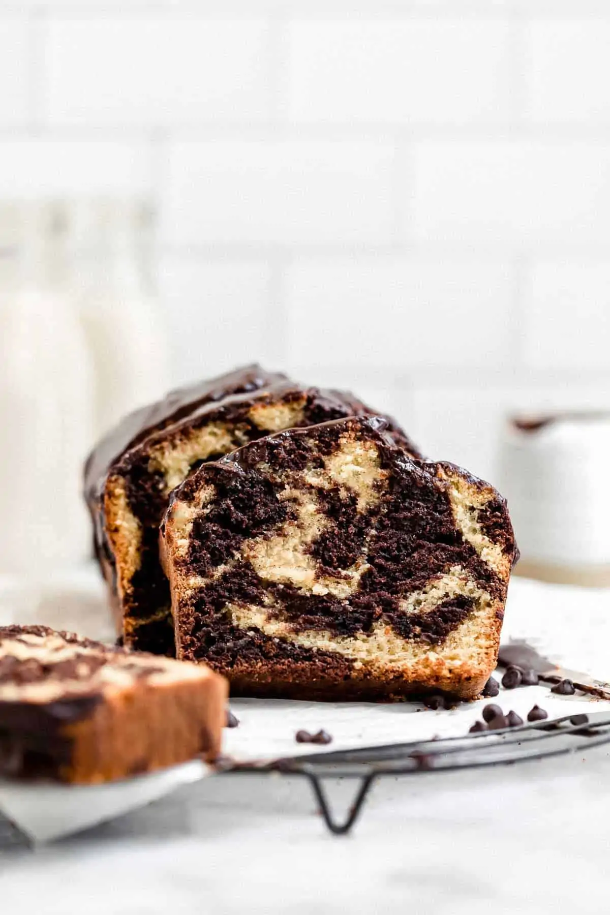 marble loaf cake on a wire rack with chocolate swirls