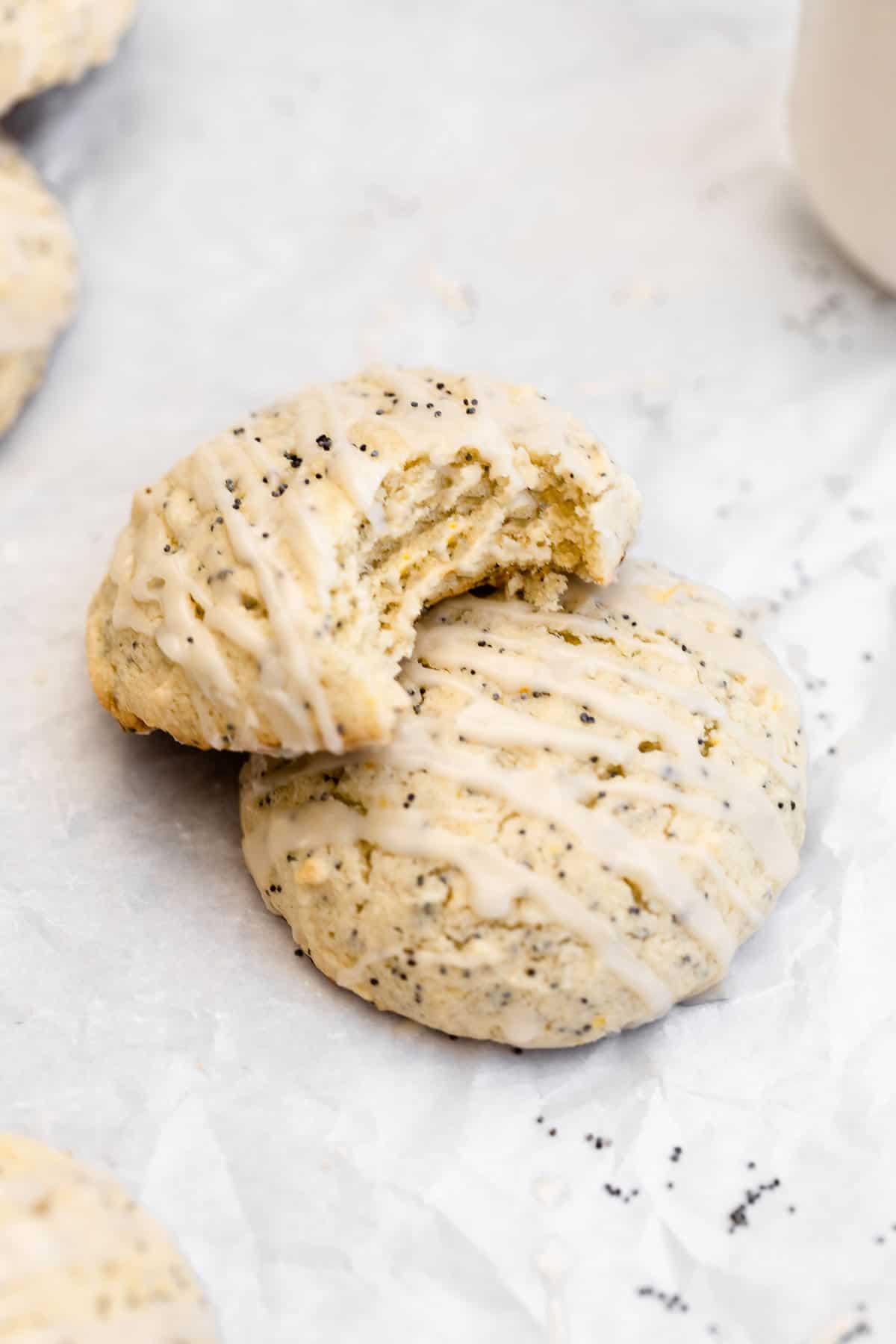 lemon poppy seed cookies with a bite taken out