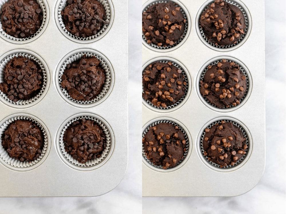 Before and after the chocolate banana muffins bake.