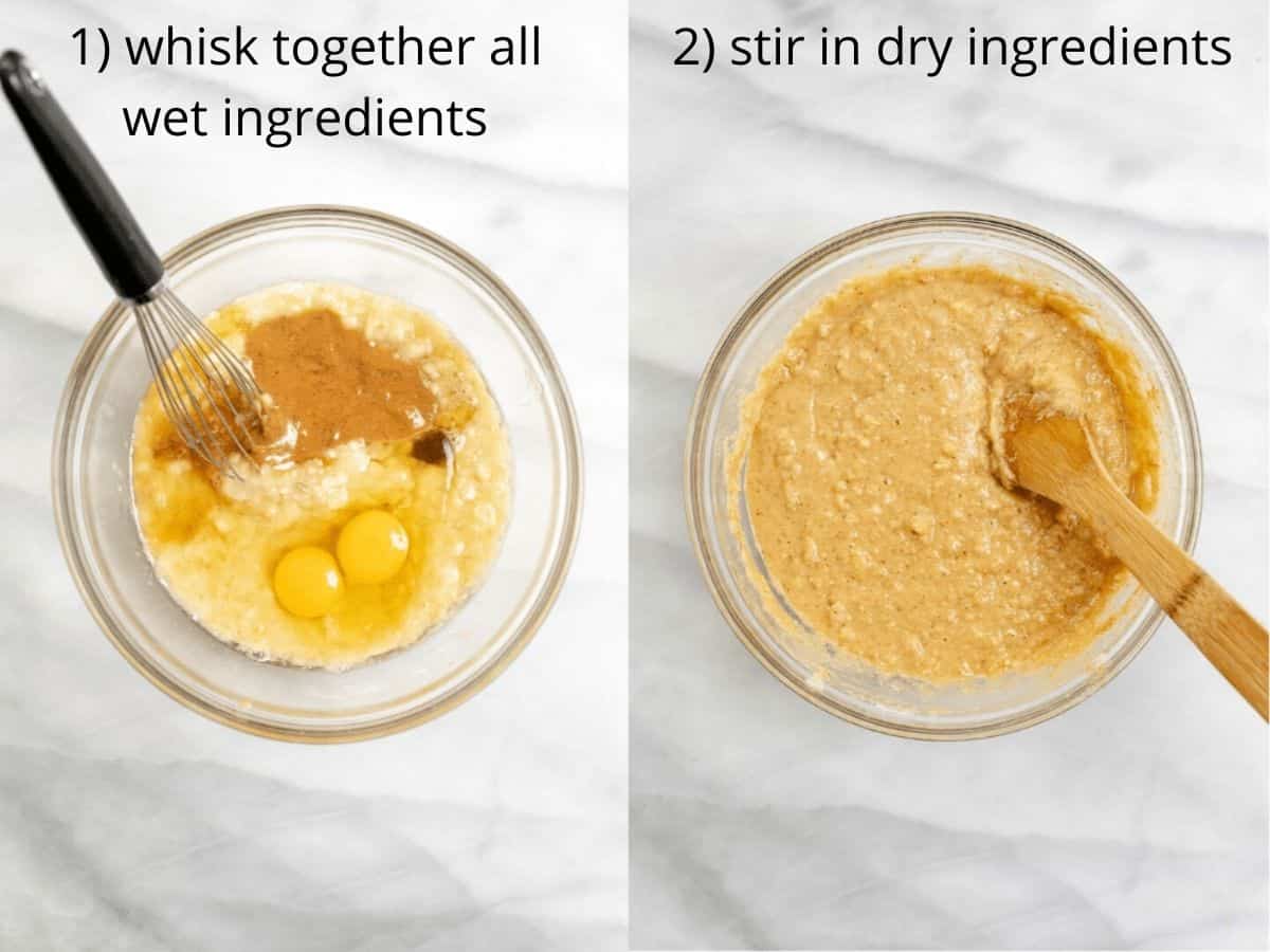 Two photos showing how to make the muffin batter.