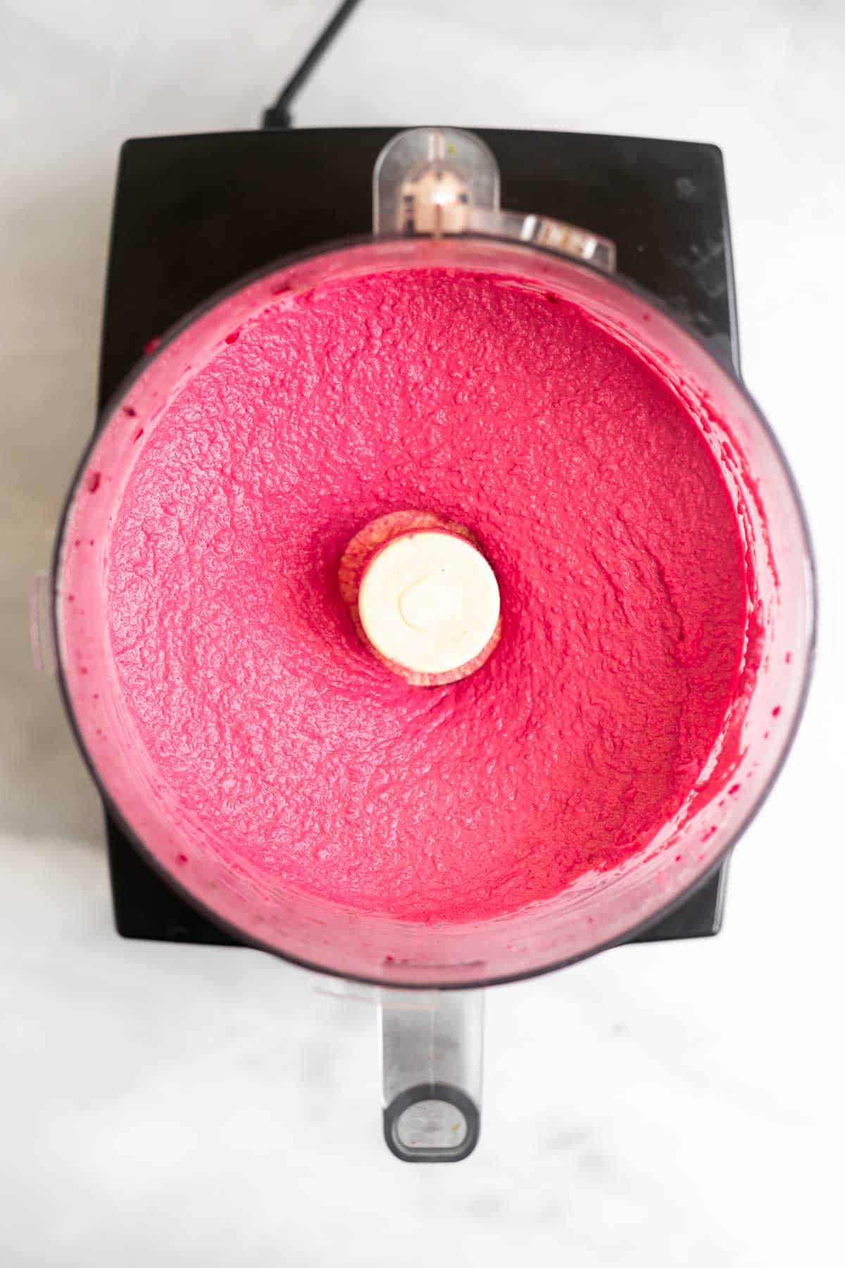 beetroot hummus in the food processor after blending