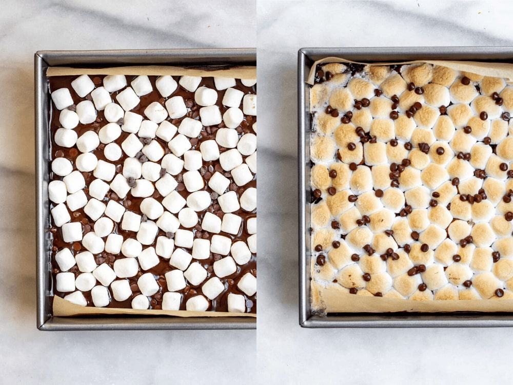 marshmallows in the pan before and after baking