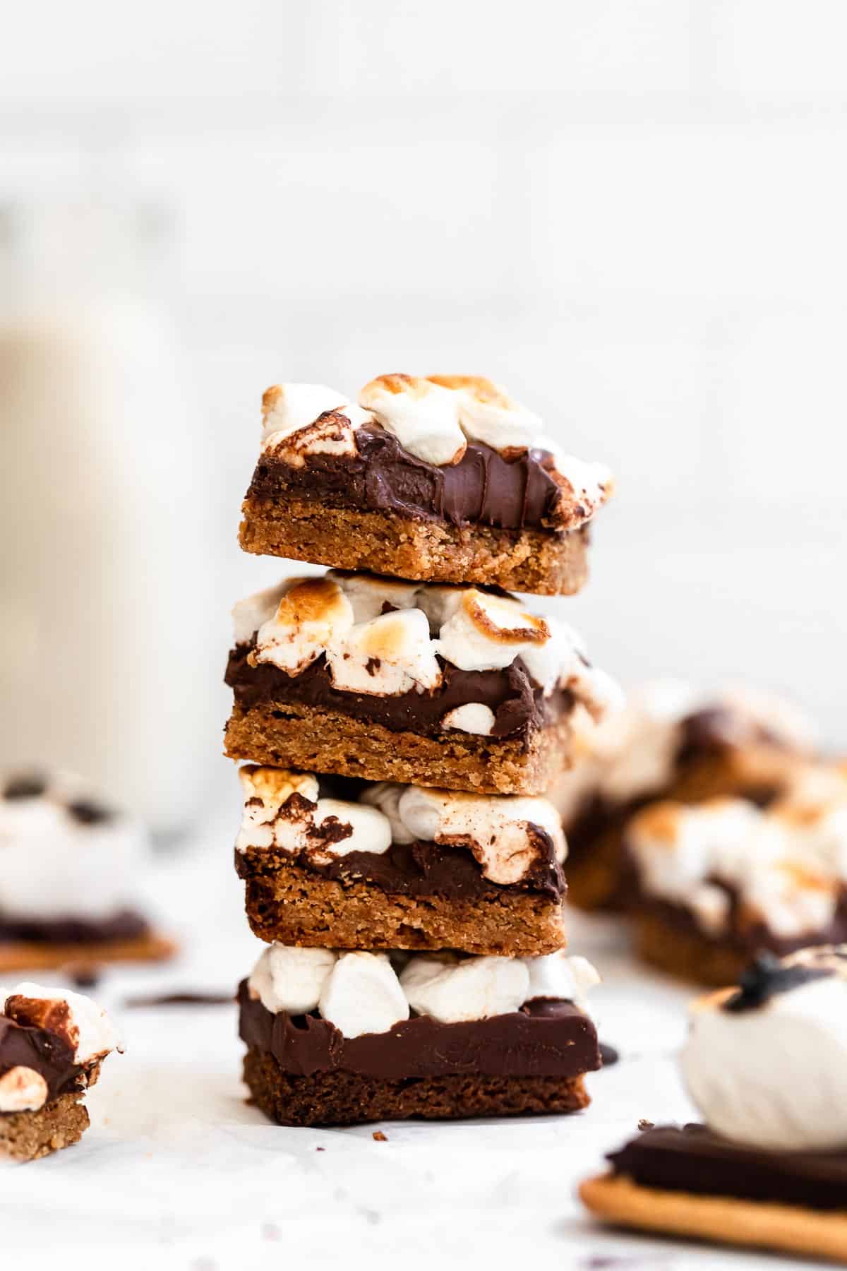 four vegan smores bars stacked on each other