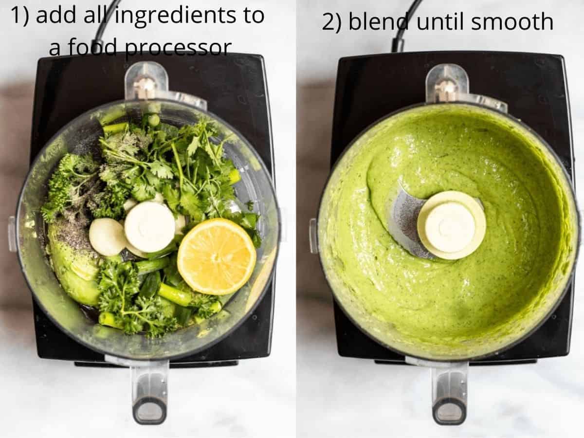 Two images side by side showing how to make this vegan dressing.