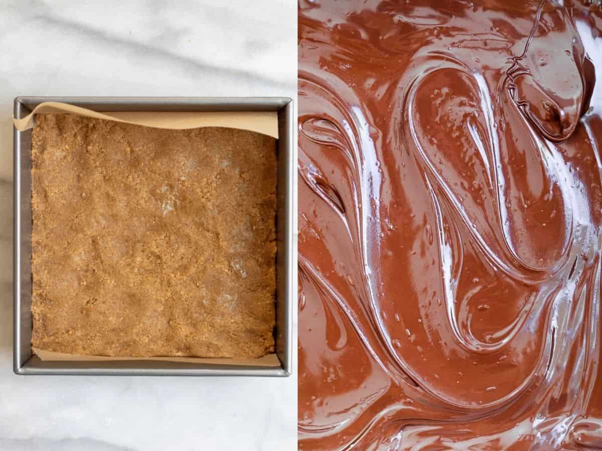 Two images showing the crust and melted chocolate.