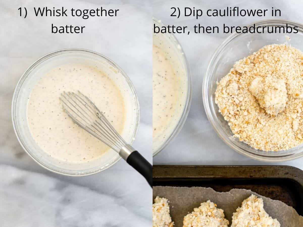 Batter for the cauliflower and breadcrumbs in a bowl. 