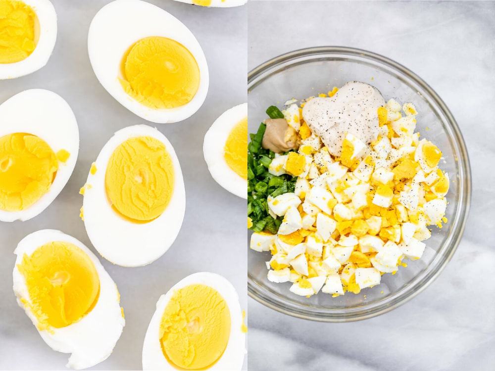 Hard boiled eggs and a bowl with the ingredients for the recipe.