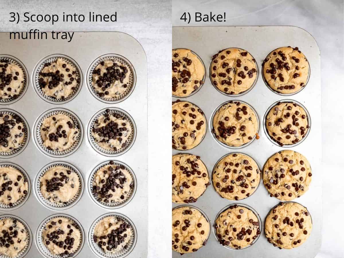chocolate chip muffins in the tray before and after baking
