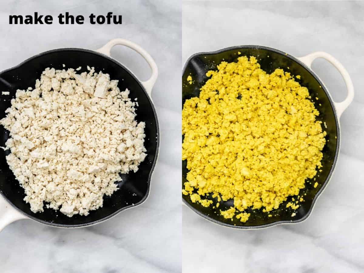 Tofu scramble in a pan.