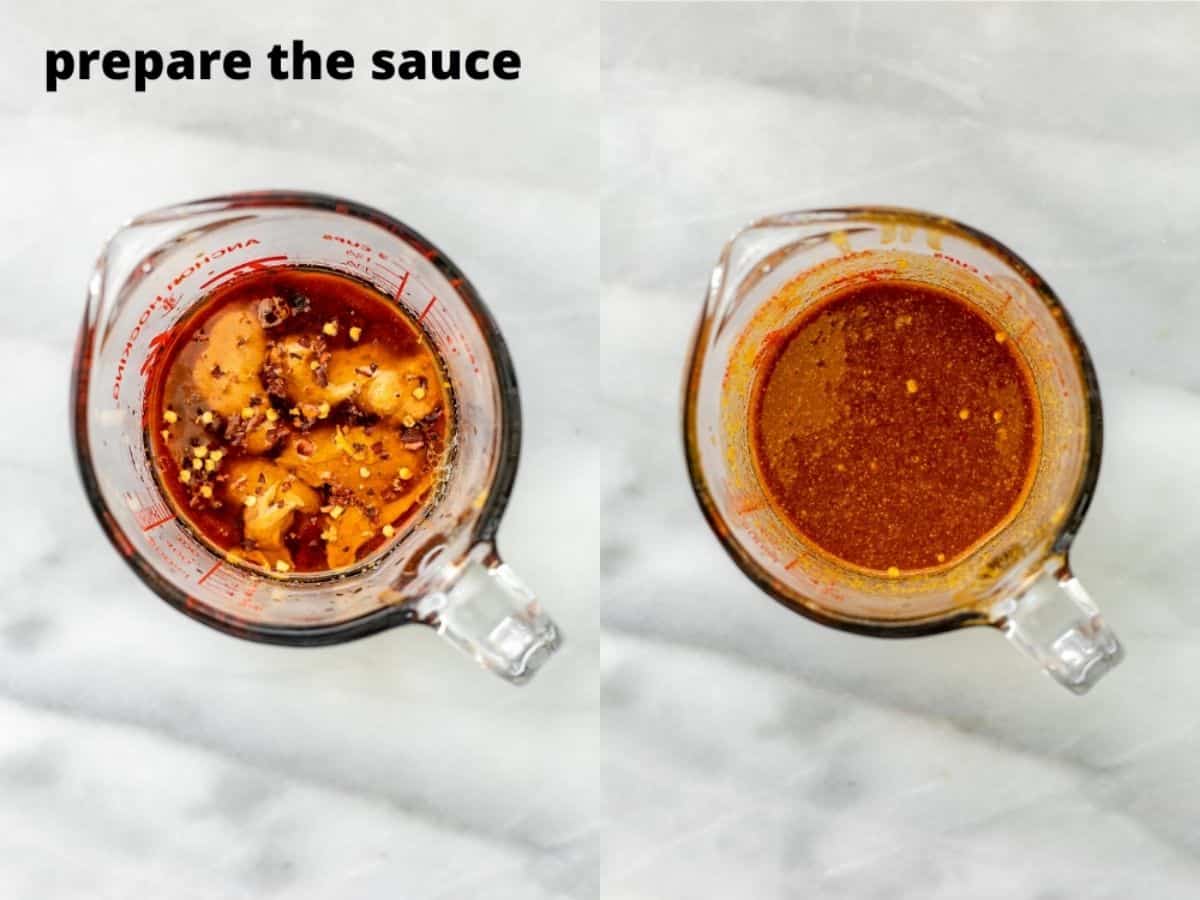 Pad thai sauce in a measuring cup.