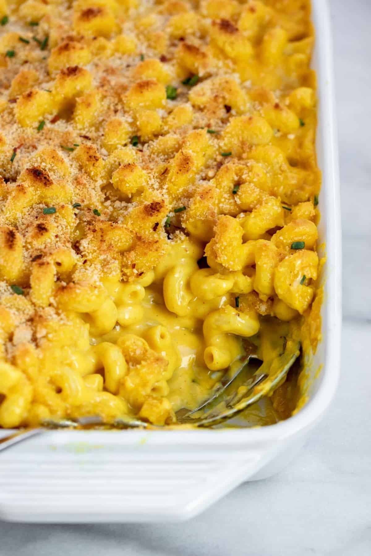 baked vegan mac and cheese in a baking dish