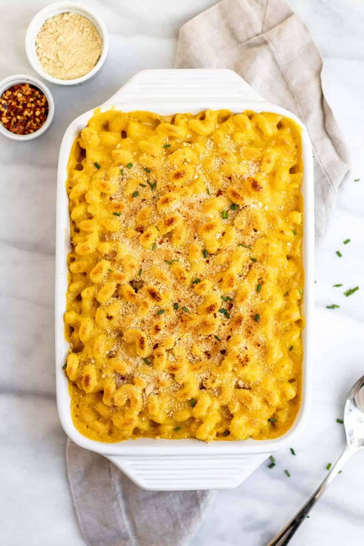 vegan baked mac and cheese in a baking dish